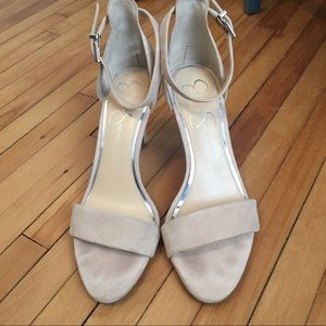 Minimalist nude suede block heels